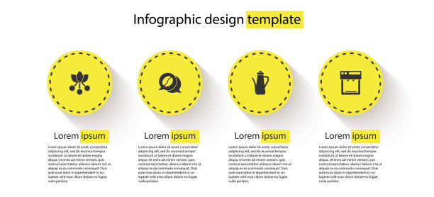 设置咖啡豆，树枝，对话，茶壶和机器。业务信息模板。向量图片下载