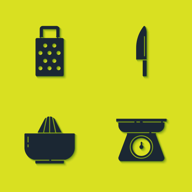 设置磨碎器，鳞片，柑橘果汁机和刀图标。向量图片下载