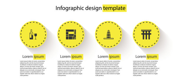 设置酒瓶与玻璃，大厦大厦，Agbar塔和Segovia的渡槽。业务信息模板。向量图片下载