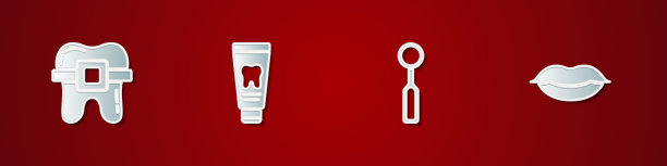牙套，牙膏管，牙齿检查镜和微笑嘴唇图标。向量图片下载
