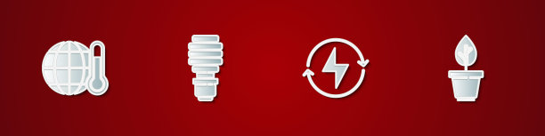 设置全球变暖，LED灯泡，闪电和盆栽图标。向量图片下载