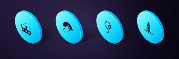 设置等距阿格巴塔，煎蛋，弗拉门戈扇形和西班牙皇冠图标。向量图片下载