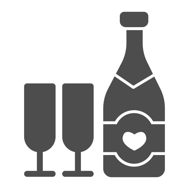 瓶与心和玻璃的香槟固体图标，情人节概念，起泡酒在两杯标志上的白色背景，酒精的节日图标在象形风格。矢量图形。图片下载