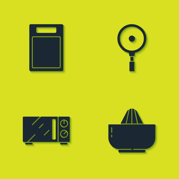 设置砧板，柑橘果汁机，微波炉和煎锅图标。向量图片下载