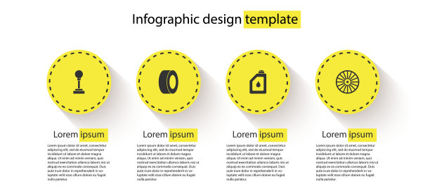 成套换挡装置，汽车轮胎，机油筒及合金轮毂。业务信息模板。向量图片下载