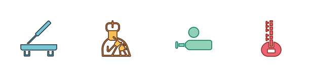 设置香味温泉棒，印度男子演奏长笛，木板球棒和球和锡塔尔图标。向量图片下载