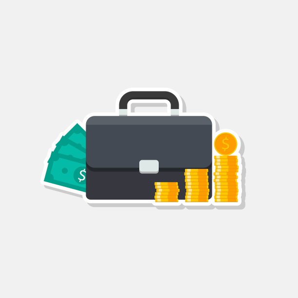 公文包，美元现金图标，金币堆栈图标矢量孤立。图片下载