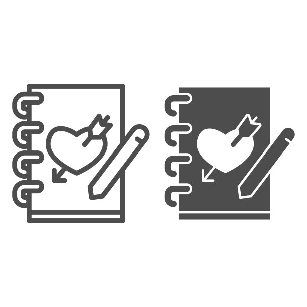 女孩爱日记和铅笔线和固体图标，情人节概念，笔记本与心标志在白色的背景，浪漫在笔记本图标在轮廓风格的移动概念。矢量图形。图片下载