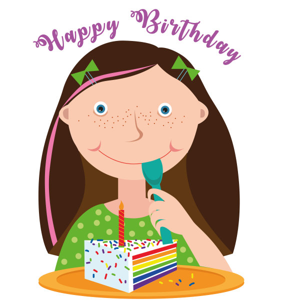 一个女孩，手里拿着勺子，站在一块白色背景上的大蛋糕前。你头上写着"生日快乐图片下载