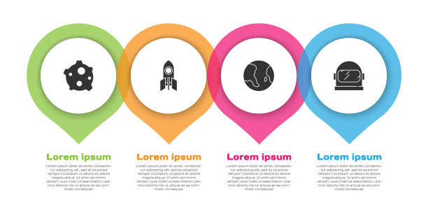 设置小行星，火箭飞船，地球和宇航员头盔。业务信息模板。向量图片下载