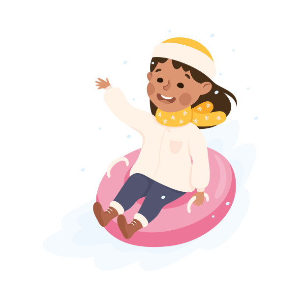 快乐的女孩戴着温暖的围巾和帽子雪管下坡矢量插图图片下载