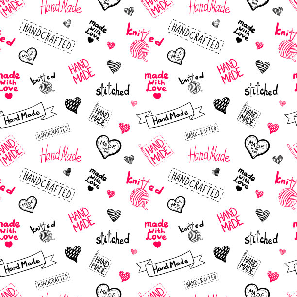 矢量无缝模式，手工纸，手绘插图，图形艺术，彩色黑色和粉红色红色的白色背景图标，包装纸。图片下载