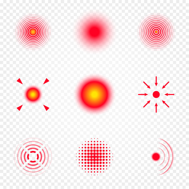 疼痛定位点，一组抽象的疼痛符号。红色圆圈表示人类的痛苦。头痛、损伤身体部位标记、肌肉关节疼痛等图片下载