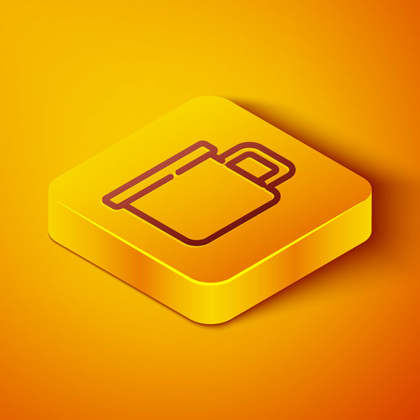 等距线露营金属杯图标孤立在橙色背景。黄色正方形按钮。向量图片下载