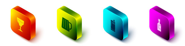 设置等距酒杯，木制啤酒杯，鸡尾酒血腥玛丽和香槟瓶图标。向量图片下载