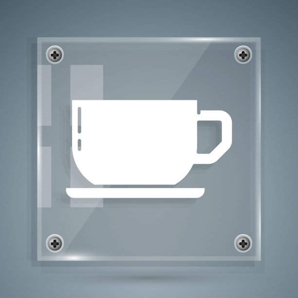 白色咖啡杯图标孤立在灰色背景。茶杯。热喝咖啡。方形玻璃面板。向量图片下载