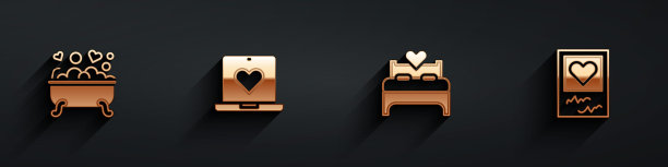 设置浪漫的浴室，约会应用程序在线，卧室和相框和心形图标与长阴影。向量图片下载