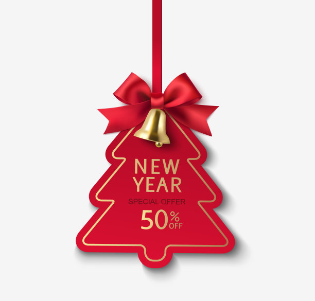 装饰价格标签与红色蝴蝶结和垂直丝带孤立在灰色。新年和圣诞节的装饰。图片下载