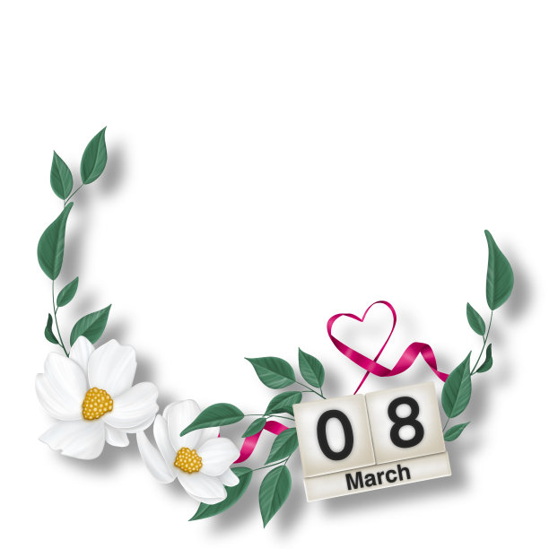 白色的花和绿色的叶子。花圈以日历“3月8日”为国际妇女节。框架有放置文本的地方。图片下载