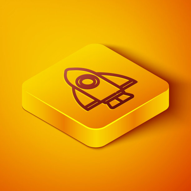 等距线火箭船图标孤立在橙色背景。太空旅行。黄色正方形按钮。向量图片下载