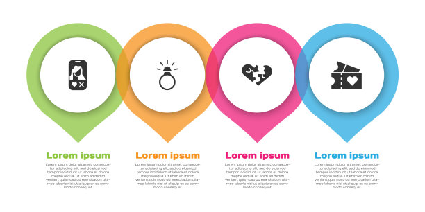 设置约会应用在线，钻石订婚戒指，破碎的心或离婚和爱情票。业务信息图模板。向量图片下载