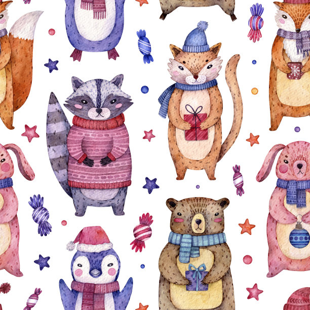 水彩无缝图案与圣诞动物。可爱的插画冬天的浣熊，企鹅，兔子，狐狸，猫，熊的字符。手绘插图孤立在白色背景。图片下载
