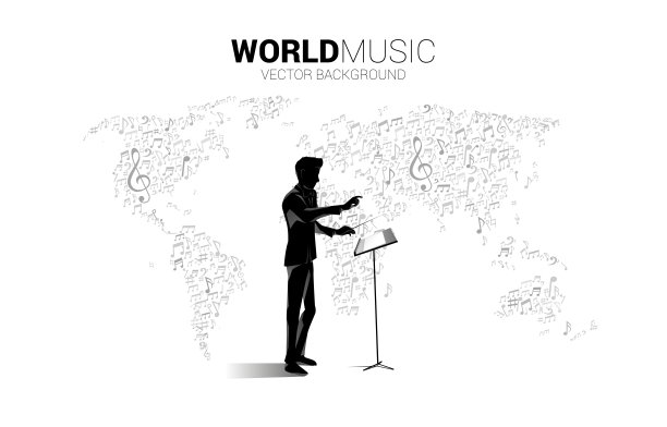 指挥家的矢量剪影与世界地图从音乐旋律音符舞蹈流。图片下载