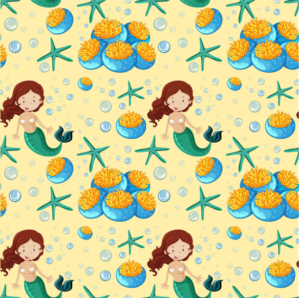 无缝美人鱼和海洋动物卡通风格上图片下载