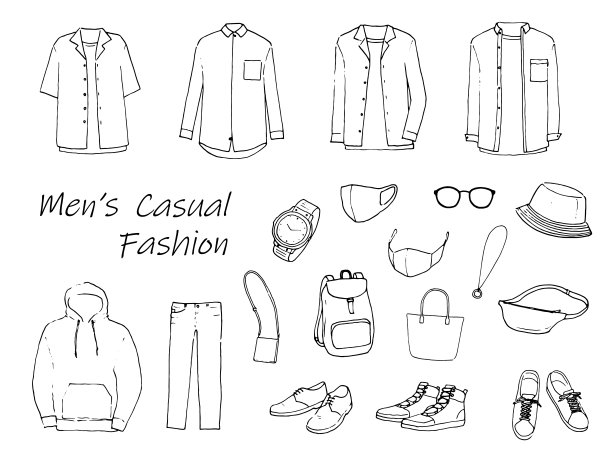 水墨插画的男性休闲时尚集。图片下载