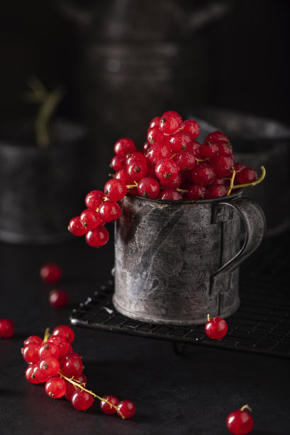 铁制杯子里的一束束成熟的红醋栗图片下载