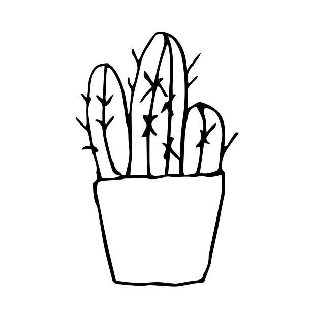 花盆里的一颗仙人掌，用黑色的笔画画。白底手绘，室内植物。线描，家居装饰。涂鸦风格。图片下载