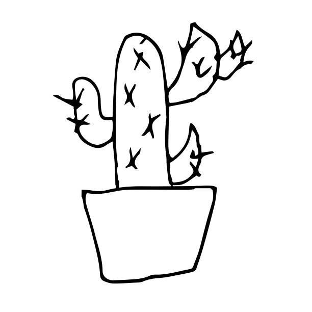 一只仙人掌放在罐子里，用黑色钢笔画画。白色背景手绘。室内植物。线性绘图，家居装饰。涂鸦风格。图片下载