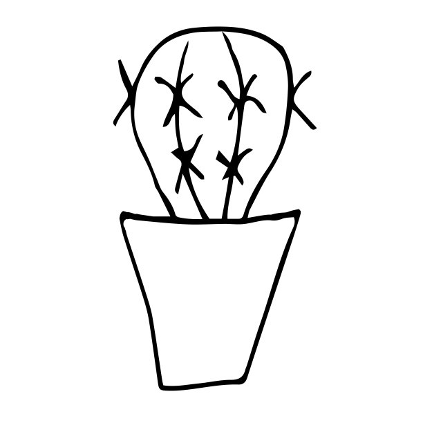 一只仙人掌放在罐子里，用黑色钢笔画画。白色背景手绘。室内植物。线性绘图，家居装饰。涂鸦风格。图片下载