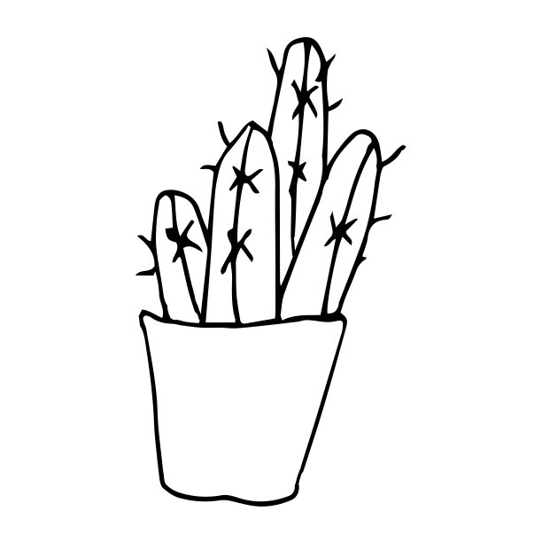 一只仙人掌放在罐子里，用黑色钢笔画画。白色背景手绘。室内植物。线性绘图，家居装饰。涂鸦风格。图片下载