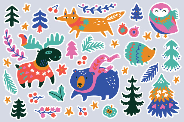 圣诞森林动物贴纸套装图片下载