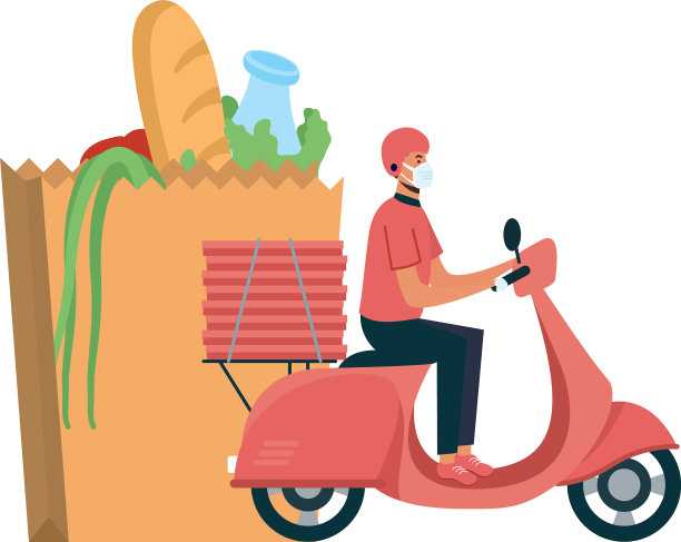 带着面具的摩托车包和箱子的快递员图片下载