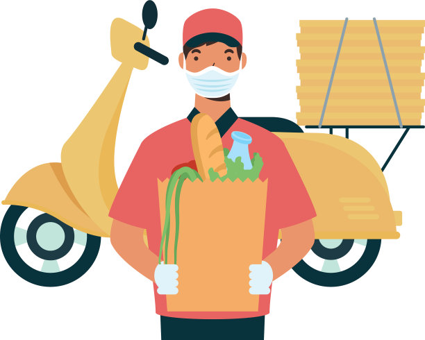 带着面具的摩托车包和箱子的快递员图片下载