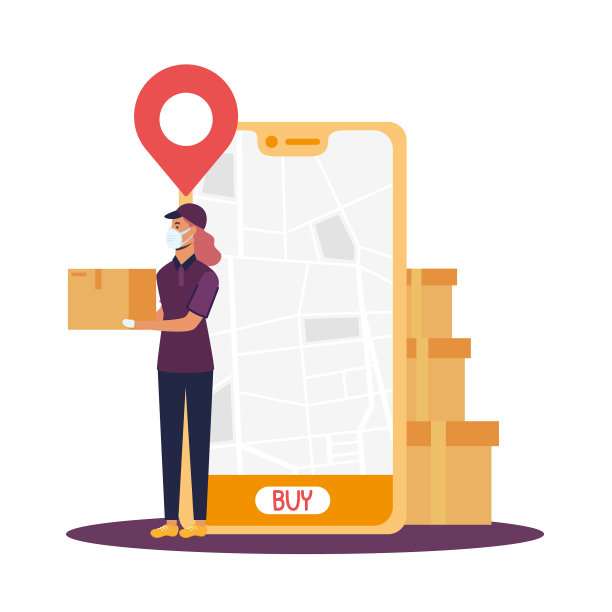 带快递地图的智能手机和带面具的女人图片下载