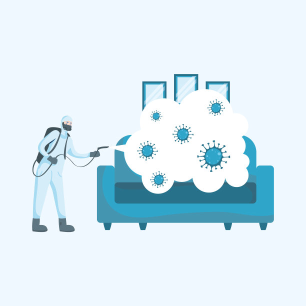 穿着防护服的人在沙发上喷洒新冠病毒图片下载