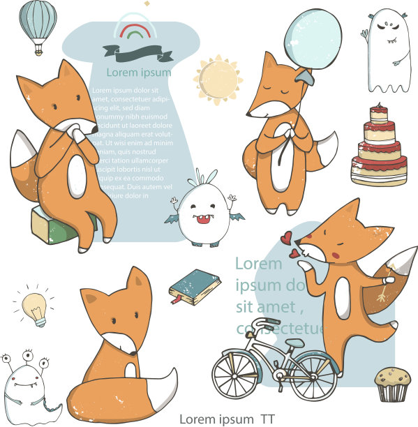 可爱的手绘卡通狐狸滑稽设置贴纸图片下载