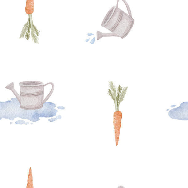 胡萝卜和喷壶水彩无缝图案。图片下载