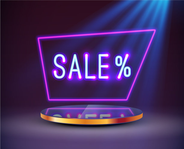 明亮的霓虹灯销售标志在圆形底座或图片下载