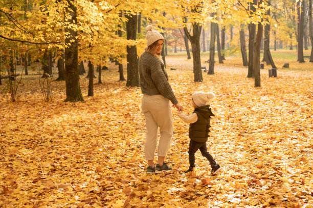 年轻的母亲和她的儿子享受美丽的秋日和在公园散步。金黄色的树叶牵着手。茁壮成长的照片，从后面看图片下载
