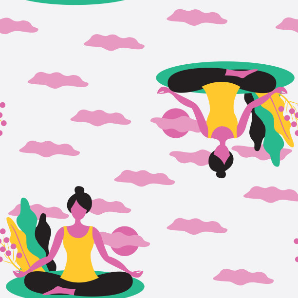女人正在做瑜伽，坐着莲花的姿势。女孩仔细想想。现代平面无缝图案。明亮的矢量插图孤立在白色背景上。图片下载