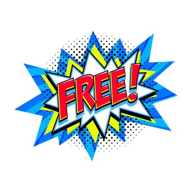 自由向量漫画风格标签。蓝色免费标签在bang漫画气球-波普艺术风格的折扣促销横幅。矢量图图片下载