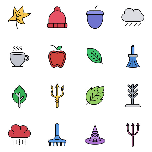 秋季集合图标设置在轮廓填充风格。图片下载