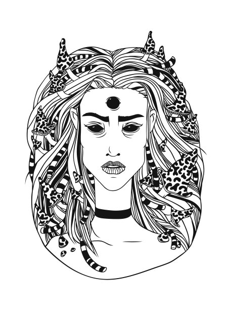 手绘插画年轻的森林女巫，黑色轮廓图片下载