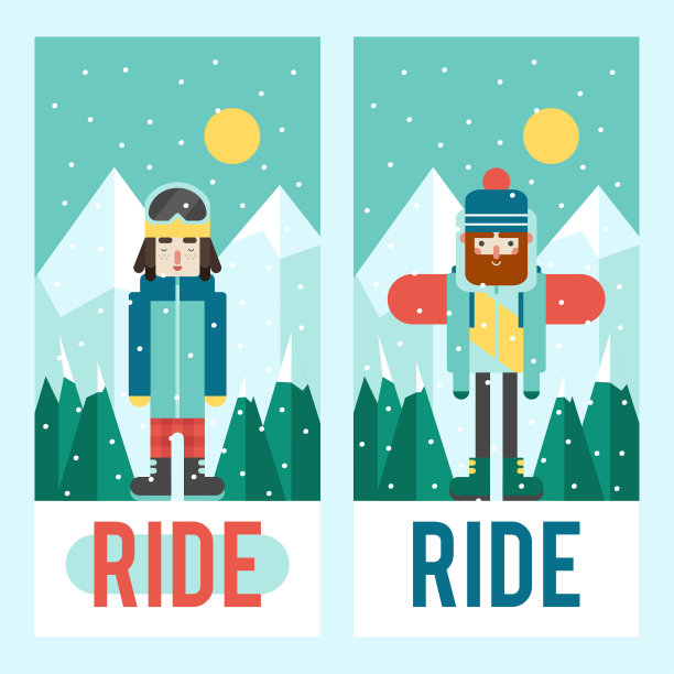 一套模板设计的传单或手机封面。可爱的平面风格。滑雪和冬季时间。图片下载