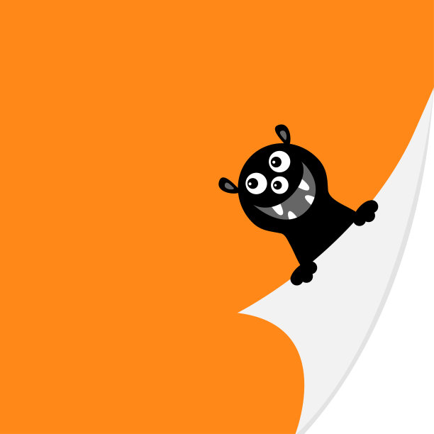 万圣节快乐。卷纸。黑色怪物的脸持有折叠页角。爪印。可爱的卡通卡哇伊有趣的婴儿角色。贺卡模板。橙色背景。孤立。图片下载