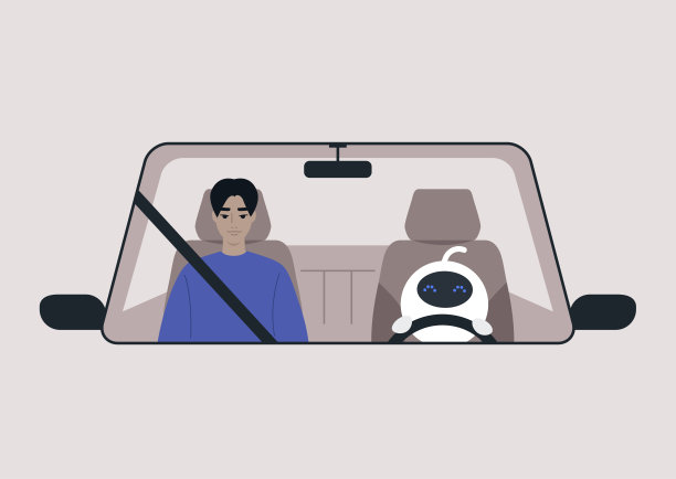 一个无人驾驶汽车的概念，一个白色可爱的机器人驾驶着一辆汽车，前座上坐着一名乘客图片下载